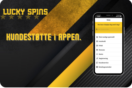 Reklamebanner for Lucky Spins: svart-gul bakgrunn med logo, fem stjerner, tekst «KUNDESTØTTE I APPEN.» og mobilskjerm som viser hjelpeseksjon med søk og menyvalg.
