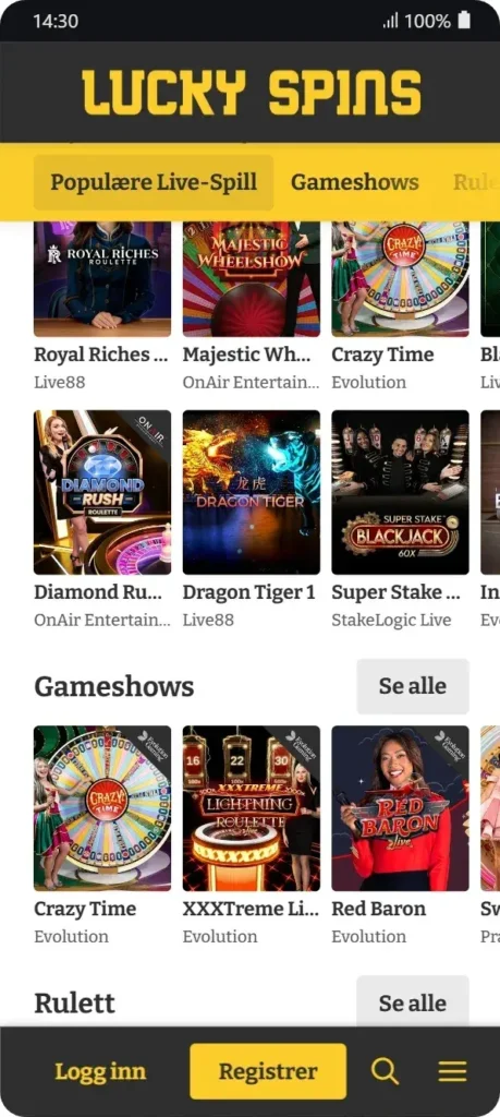 Live casino-seksjon i Lucky Spins-appen: populære live-spill som Royal Riches Roulette, Majestic Wheelshow, Crazy Time, Diamond Rush, Dragon Tiger og gameshows som XXXTreme Lightning Roulette og Red Baron, med "Logg inn" og "Registrer"-knapper nederst.