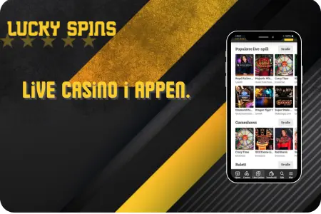 Reklamebanner for Lucky Spins: svart-gul bakgrunn med logo, fem stjerner, tekst «LIVE CASINO I APPEN.» og mobilskjerm som viser live casino-spill som roulette og gameshows.