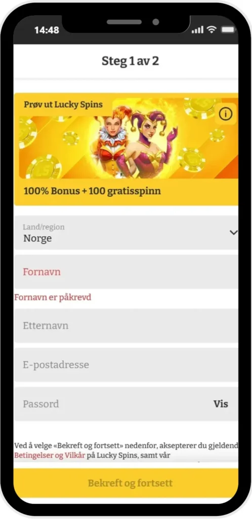 Registreringsskjerm (steg 1 av 2) i Lucky Spins: bonusbanner 100% + 100 gratisspinn, felt for navn, e-post og passord, Norge forvalgt.