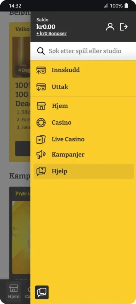Mobilmeny i Lucky Spins-appen: saldo kr 0.00 + bonus, søkefelt, snarveier til Innskudd, Uttak, Hjem, Casino, Live Casino, Kampanjer og Hjelp (markert).