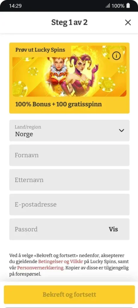 Registreringsskjerm (steg 1 av 2) i Lucky Spins-appen: velkomstbonusbanner med 100% bonus + 100 gratisspinn, forvalgt Norge, felt for fornavn, etternavn, e-post og passord, samt gul "Bekreft og fortsett"-knapp.