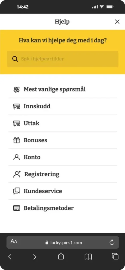 Hjelpeseksjon i Lucky Spins-appen: gul overskrift "Hva kan vi hjelpe deg med i dag?", søkefelt og liste med mest vanlige spørsmål om Innskudd, Uttak, Bonuses, Konto, Registrering, Kundeservice og Betalingsmetoder.